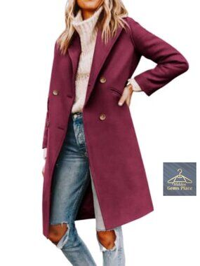 Women's Notched Lapel Double Breasted Pea Coat Mid Long Coat
